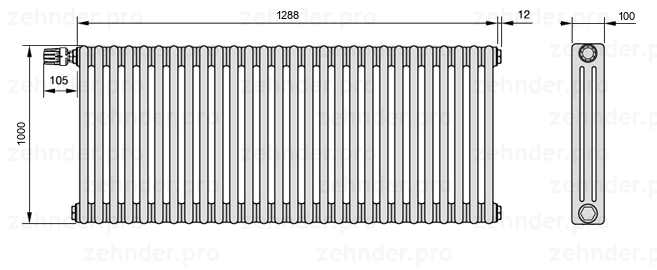 Схема (чертеж) Радиатор Zehnder Charleston 3100/28 №V011 Белый глянцевый RAL 9016
